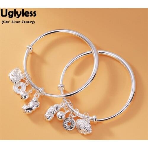 Uglyless 1Pair 99% Pure Silver Charms Bracelets for Children Birthday Gifts High-end Silver Jewelry Push-pull Animal Bangles