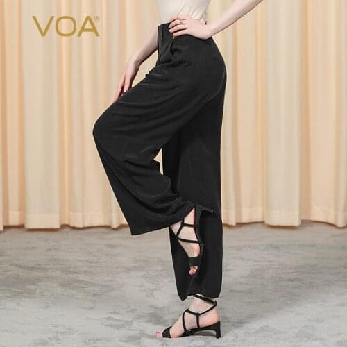 VOA 30m/m heavy silk waist a button open yellow arch needle Yuk grams fold oblique pockets Joker wide leg pants KE171 LOOSE