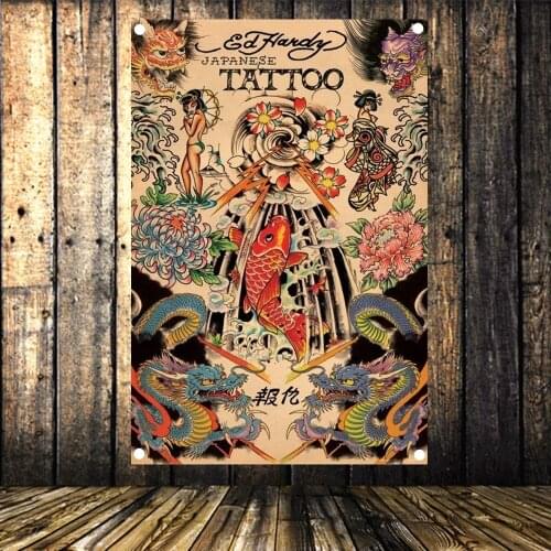 Ed-hardy Japanese Ukiyoe Tattoo Poster Wall Art Canvas Painting Flag Banner Tapestry Wall Hanging Mural Stickers Home Decoration