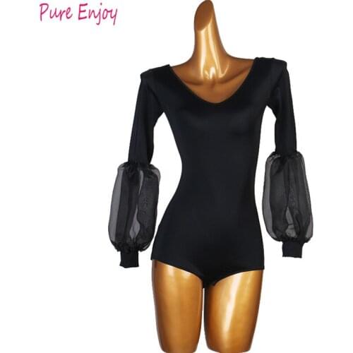 Women ballroom dress custom made latin long sleeves top Oriental Dance Competition Costume Siamese top black dance dress