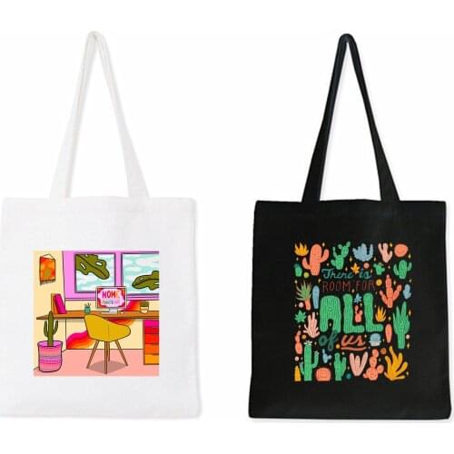 Woman Cactus Cartoon Print Shopping Bags Canvas Tote Girls Kawaii Bag Shoulder Women Korean Casual Pacakge Hand Bag Reusable