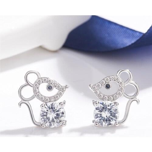 Ramos Siver Plated Cute Mouse Micro Zircon Ear Studs Women Jewelry Girls Kid Birthday Gift Cute Animal Earrings
