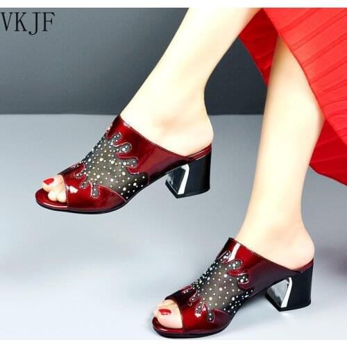 New Womens Mesh Crystal Slippers 2021 Summer High Heels Outdoor Wild Fashion Casual Sandals Comfortable Sexy Retro Slides