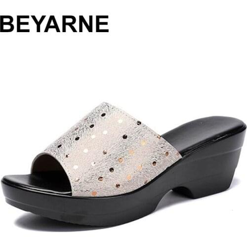 BEYARNE Women Slippers 2019 Ladies Summer Slippers Genuine Leather Shoes Women High Heels Fashion Wedges Summer ShoesE357