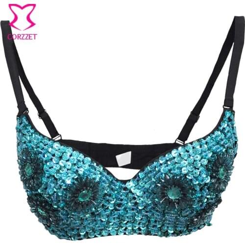 Ocean Blue Sunflower Beading Sequined Exotic Dancewear Clubwear Sexy Bra Push Up Bralette Top Plus Size Bras For Women Brassiere