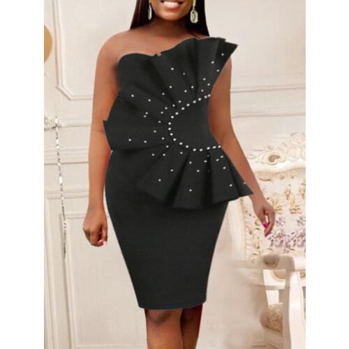 Women Black Tube Dress Sexy Backless Party Beading Ruffles Big Size Knee Length Classy Ladies Night Out Evening Birthday Outfits