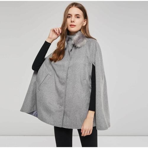 Women Poncho Cape Warm Faux Fur Collar Office Ladies Elegant Solid Autumn Winter Cloak 2021 Vintage Grey Woman Coat Outwear