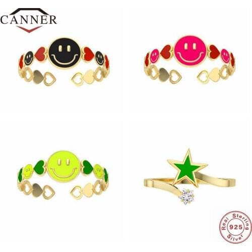 CANNER 925 Sterling Silver Smiley Face Love Fashion Cute Finger Ring for women Adjustable Ring Silver 925 Jewelry Anillos Plata
