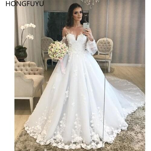 HONGFUYU Sheer Scoop A-line Wedding Dress Lace Appliques vestidos de novia Bridal Gowns Cathedral Train свадебное платье 2021
