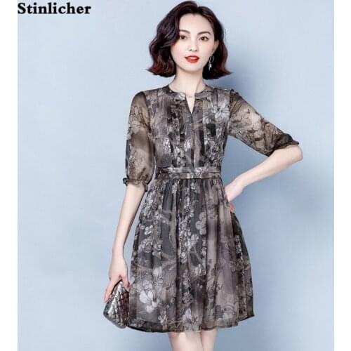 Vintage summer chiffon dress women loose retro print flower dress ladies elegant knee-length midi dress robe