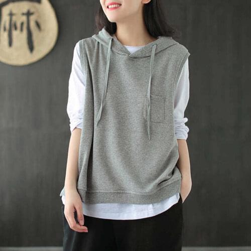 Hooded Solid Cotton Vest Women 2021 Autumn New Fashion Loose Casual Pocket Sleeveless Slimming Sweater Tops Womens Outerwear