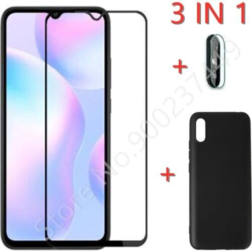 3-in-1/Silicone Cover For Xiaomi Redmi 9A Case For Xiaomi Redmi 9AT M2006C3LVG Tempered Glass Screen Protector Camera Len Film