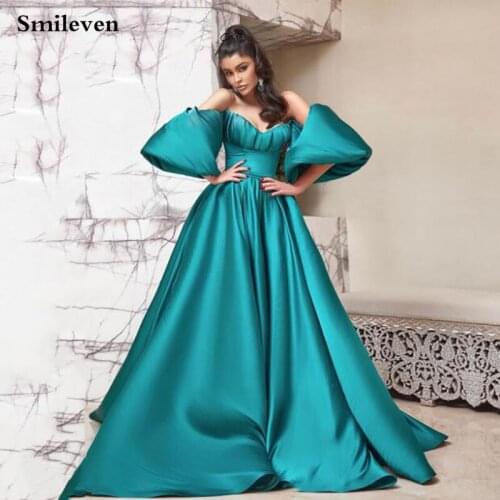 Smileven Slik Satin Green Sweetheart A Line Formal Evening Dresses Lantern sleeve Prom Dresses Sexy Long Evening Party Gowns