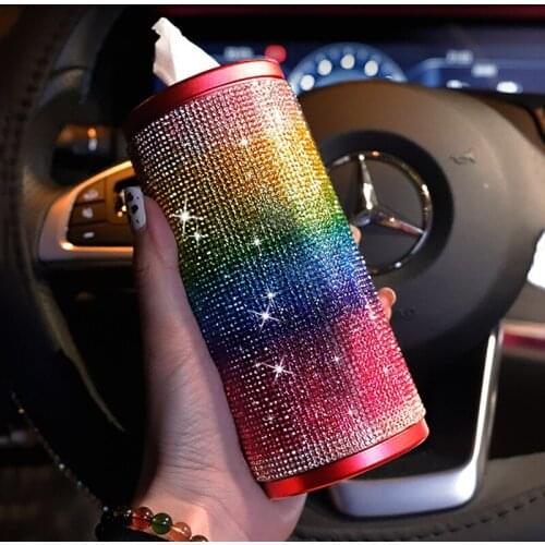 Shiny Car Paper Towel Tube Crystal Diamond Rainbow Tissue Case Water Cup Universal Cylinder DIY Creative Car Tray Storage Box