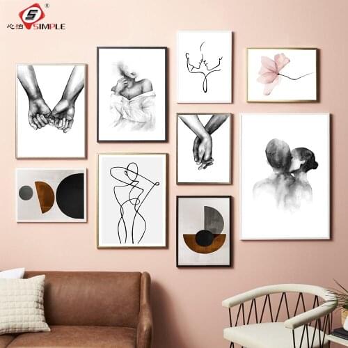 Black White Abstract Canvas Painting Hand In Hand Kiss Shoulder Wall Art Posters Prints Pictures Living Room Nordic Home Decor