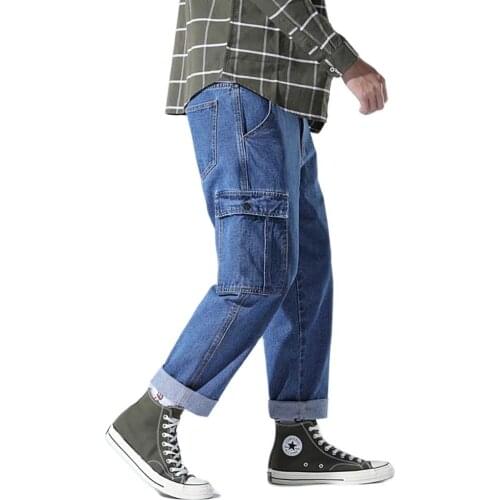 New Fashion Cargo Denim Pants Men Casual Streetwear Pocket Jeans Straight Loose Baggy Trousers Male Clothing