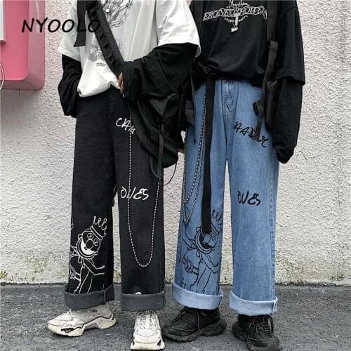 NYOOLO Vintage cartoon letters print washed high waist jeans Casual streetwear loose full length wide leg denim pants women men
