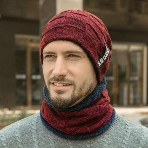 Men Warmer Hat Scarf Set Autumn Winter Thick Thermal Fluffy Knitted Cap Neck Warmer Headwear c2