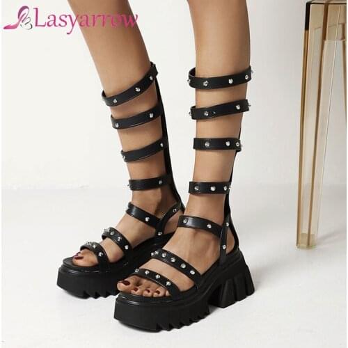 Lasyarrow New 2021 Summer Zipper Women Gladiator Roman Sandals Open Toe Knee High Leisure Sandals Boots High heels size 35-43