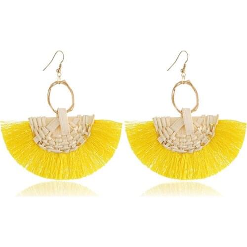 Fashion Handcraft Rattan Weave Fan Shape Pendant Earrings Bohemian Ethnicity Womens Personality Creative Wire Tassel Earrings