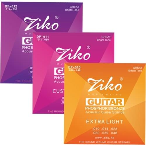ZIKO DP Series 1 Set of Acoustic Guitar Strings 1st-6th 010-048,011- 050,012-053 Inch Hexagon Alloy Core Phosphor Bronze Wound
