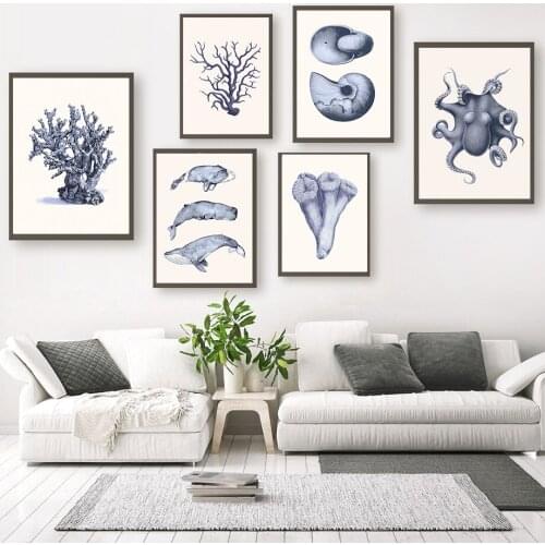 Ocean Fossil Octopus Conch Whale Coral Wall Art Canvas Painting Nordic Posters And Prints Wall Pictures For Living Room Decor