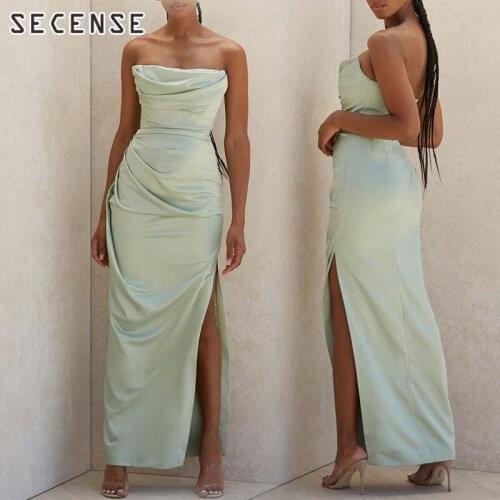 Satin Tube Top Dress Solid Color Green Black High Split Ankle Length Strapless Dress Summer New Fashion Women Clothing