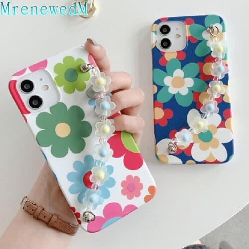 Fashion Wrist Chain Cartoon Flower Phone Case For iPhone 12 11 Pro X XR XS Max Mini 7 8 Plus Candy Color Bracelet Silicone Cover