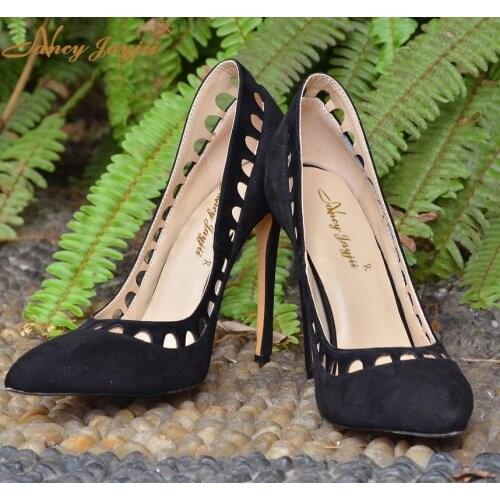 Black Faux Suede Cut-Outs Pumps 2021 Women Pointed Toe 12cm Super High Thin Heels Large Size 4-16 Office Caree Slip-On Shoes