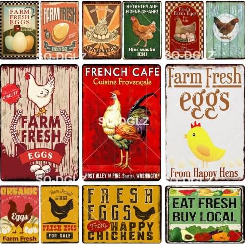 Happy Chicken Vintage Metal Signs Fresh Eggs Farm Decor Tin Signs Pub Plates Metal Crafts Painting Plaques Art Poster