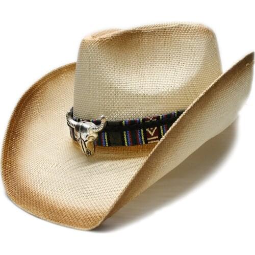 Retro Womens Mens Unisexs Summer Straw Beach Cowboy Western Cowgirl Fedora Hat Bull Head Leather Band (One Size 58cm)
