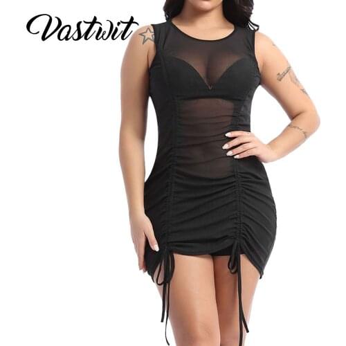 Womens Sleeveless Mesh See Through Drawstring Ruched Swimsuit Cover Up Bodycon Sunscreen Short Dress
