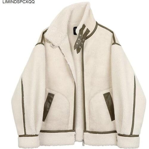 Winter Lambs Wool Splicing PU Leather Jacket Women Fur Collar Warm Thick Parkes Stand Collar Faux Lamb Loose Leather Coat