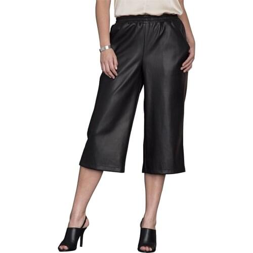 Custom-made Womens New Autumn Winter Elastic Waist Plus Size Faux Leather Culotte Pants Casual Wide Leg Pants Lounge Pants