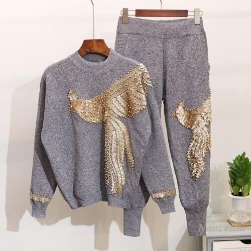 Two Piece Sets Female Knitwear Phoenix Embroidery Pull Sweater + Elastic Waist Harem Pants Lady Fashion Clothes Nancylim