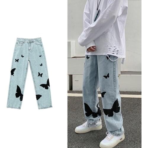 2021 Butterfly print Jeans for Men Pants Loose Baggy Jeans Casual Denim Pants Stretch Straight Fashion Trousers women Clothing