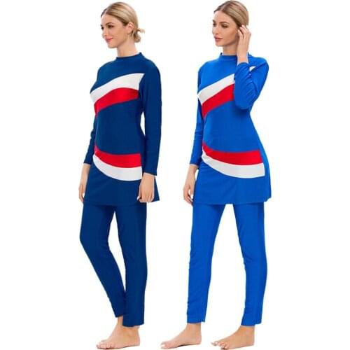 2021 Summer New Patchwork Swimsuit Womens Sportswear Conservative Swimwear Blue Muslim Cloths for Bathing Suit Long Sleeve Gril