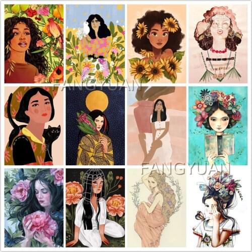 Girls with Flowers Diamond Painting Full Square Round Diamond Mosaic Cross Stitch Kits Rhinestone Embroidery Illustration Art