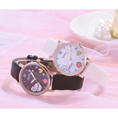 Cute Flower Pattern Black Kids Leather Watch Quartz Analog Child Watches For Boys Girls Pink Student Clock Gift Relogio Feminino