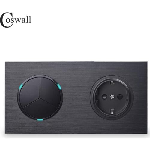 Coswall Black Aluminum Panel EU Standard Wall Socket + 3 Gang 2 Way On / Off Pass Through Light Switch Switched LED Indicator