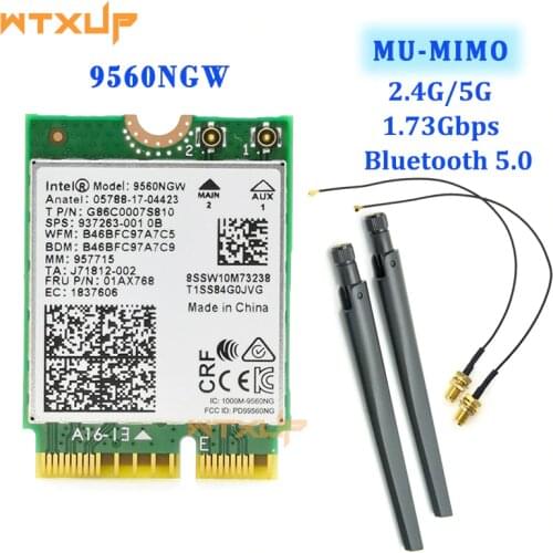 Dual Band 802.11ac For Intel 9560 9560NGW M.2 CNVio WiFi Bluetooth 5.0 laptop Card +IPEX MHF4 U.fl To RP-SMA External Antenna