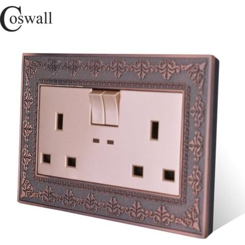 Coswall 2 Gang 13A Switched British Socket With Neon Embossing Retro Zinc Alloy Metal Panel Wall Power UK Outlet Gold Color