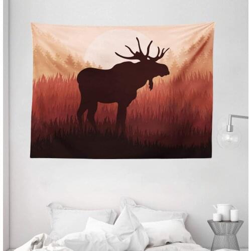 Moose Tapestry Antlers In Wild Alaska Forest Rusty Abstract Landscape Deer Theme Woods Wall Hanging For Bedroom Living Room Dorm