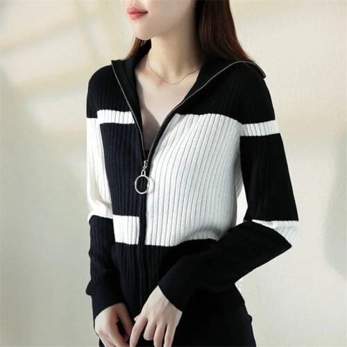 Black White Plaid Knitted Cardigan Women Spring Fall Korean Fashion Slim Zip Up Sweater Casual Turtleneck Stretch Knitwear Tops