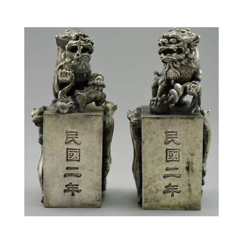 China Collectibles Handwork Tibet - silver Kylin Pair Seal Statue