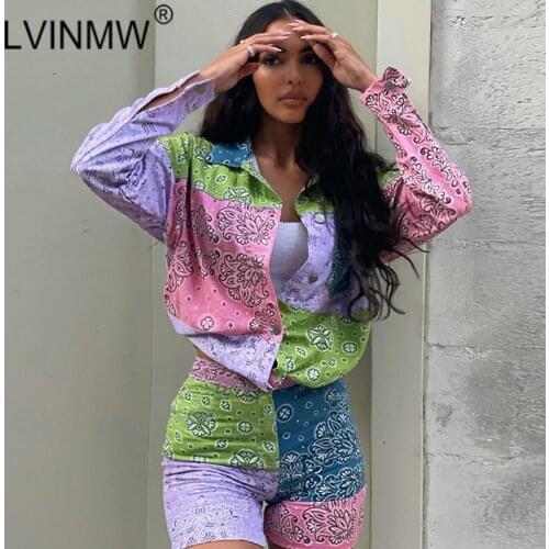 LVINMW Shorts Suits Printed Slim Casual Fashion Two Piece Set Women Long Sleeve Single Breasted Blouse Elastic High Waist Shorts