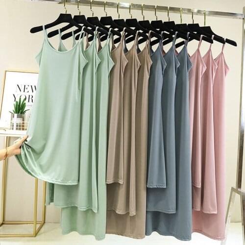 Fashion Modal Ice Silk Women Dress Sexy Spaghetti Strap O-Neck Summer Dress Plus Size Loose Casual Long Vestido Solid Robe Femme