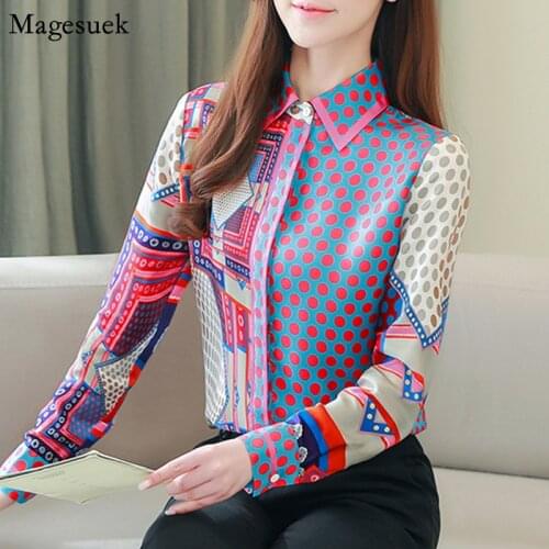 Fashion Vintage Print Silk Blouse Women Long Sleeve Turn Down Collar Shirt OL Style Loose Tops Blusas Mujer De Moda 2021 8194