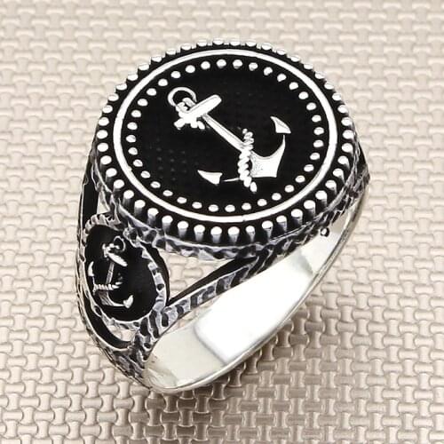 Sterling Silver Round Anchor with Chain Men Ring Sailor Accessories Handmade Oxidized Accessory For Men Made in Turkey