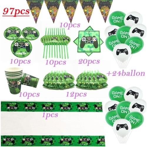 Boys Birthday Theme Game Party Decorations Ballons Disposable Tableware Set 97pcs Baby Shower Video Game Party Supply Tablecloth